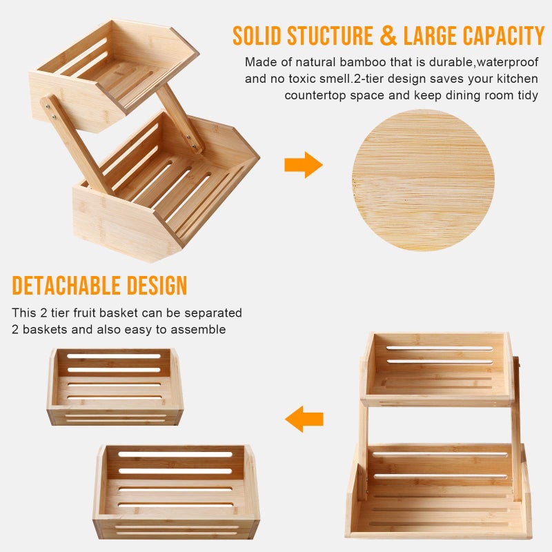 WELLAND Countertop Fruit Basket Bowl for Kitchen Dining Table, 2 Tier Bamboo Bread, Vegetable, Snack Storage - Image 4